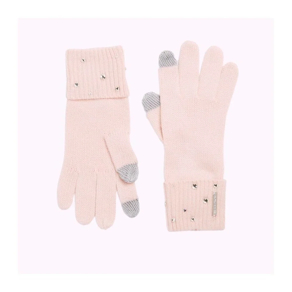 Michael Kors Womens Pink Embellished Ribbed Cuff Tech Touch Knit Gloves New